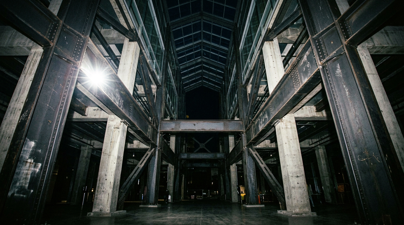 Dark cinematic architectural steel framework